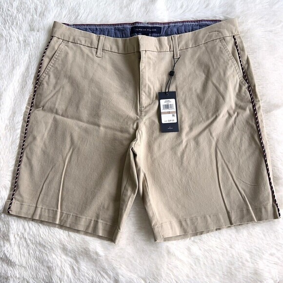 TOMMY HILFIGER Women's Malibu Piping-Trim Shorts Size 12 khaki Cotton/Elastane‎